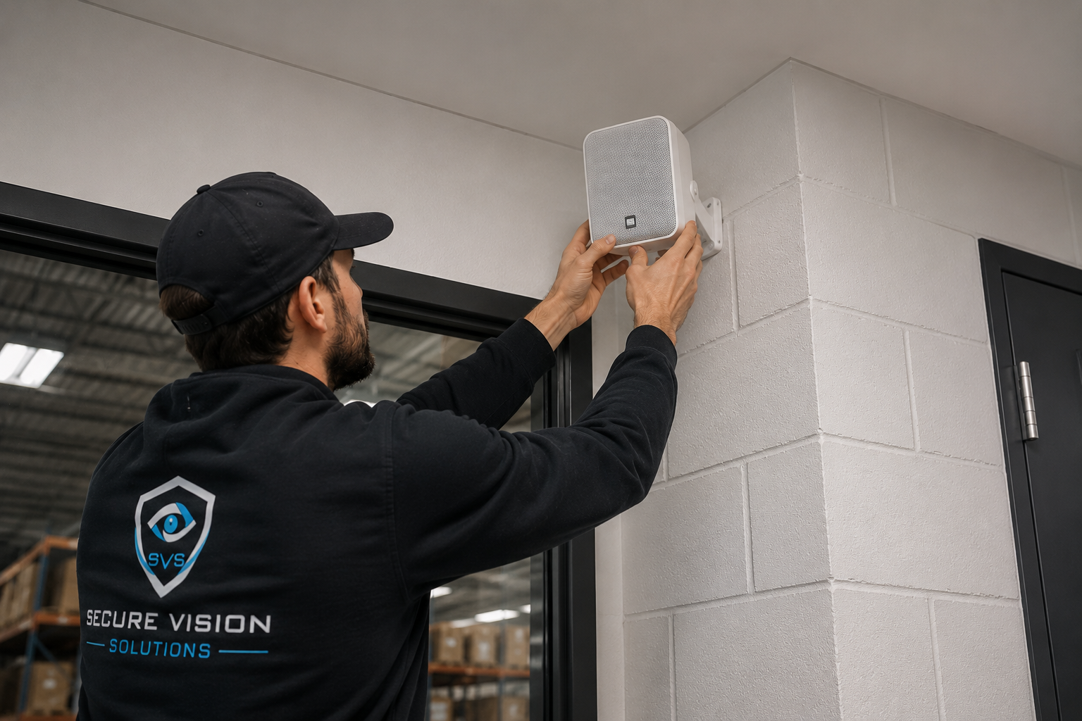 Technician installing a wall mounted commercial speaker