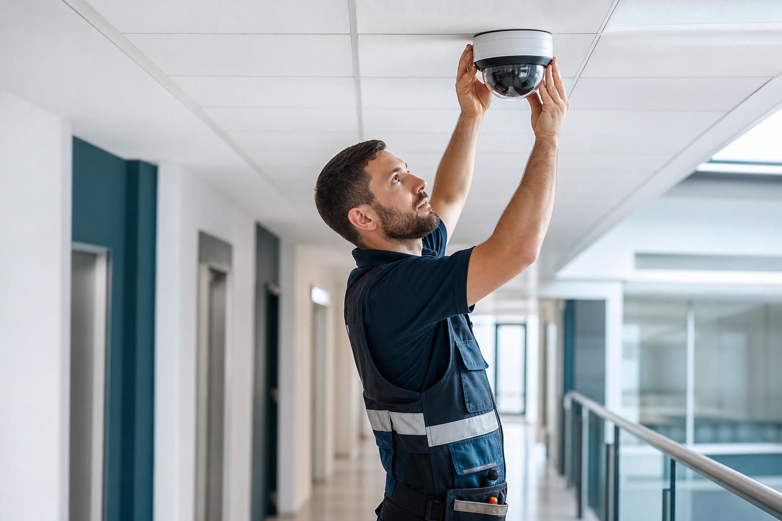 Commercial security camera installation by a low-voltage technician