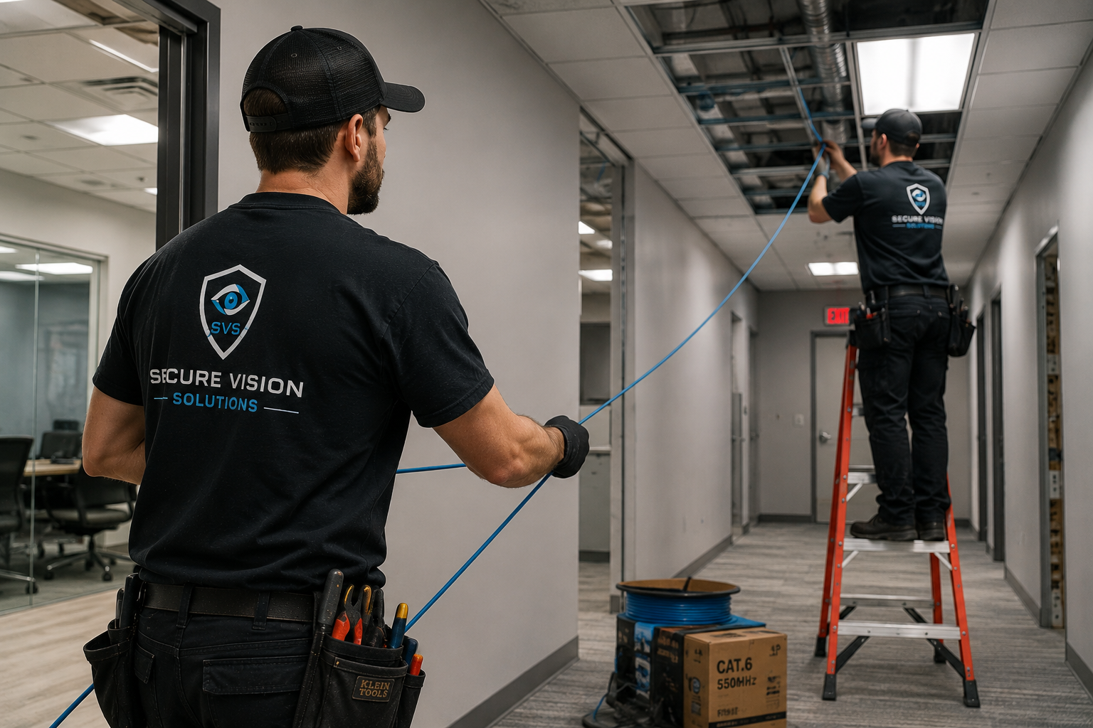 Technicians pulling low-voltage cabling above a commercial ceiling