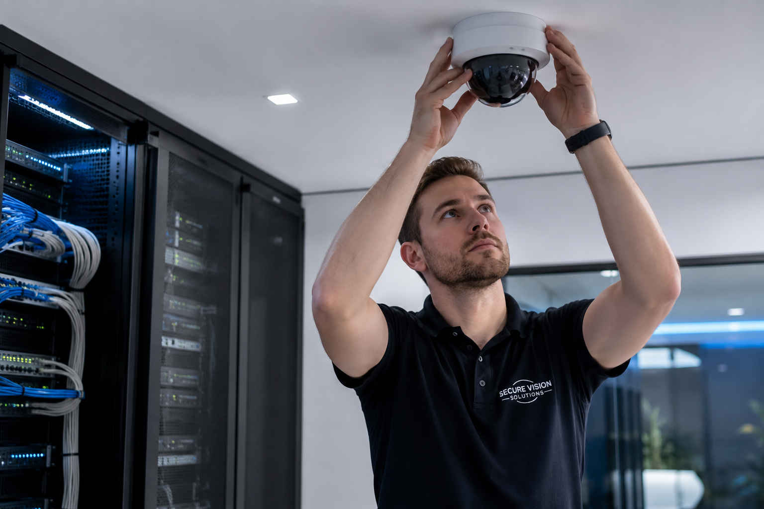 Secure Vision Solutions technician installing a commercial dome camera beside a network rack
