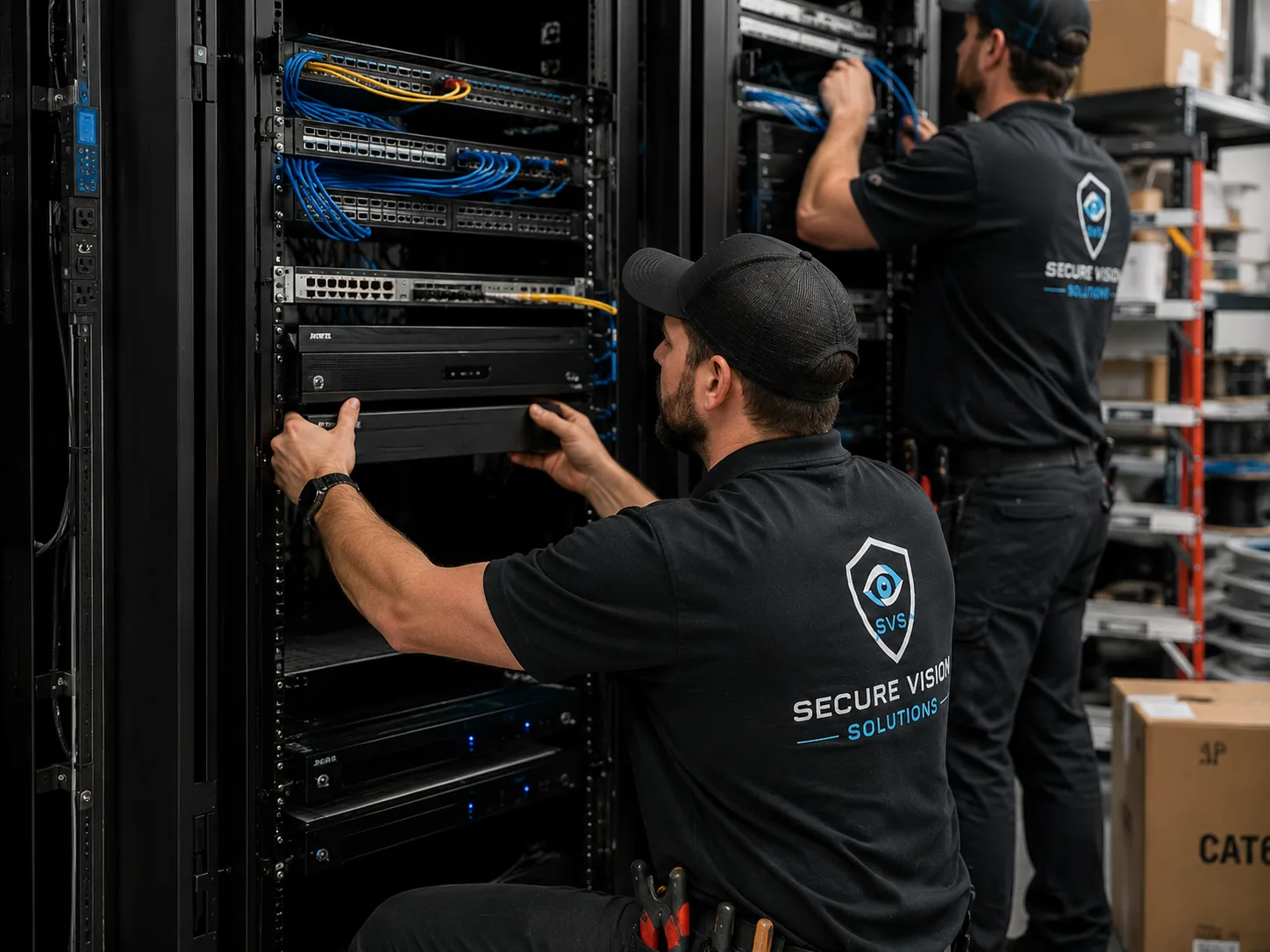 Network rack with switches and cabling for low-voltage infrastructure