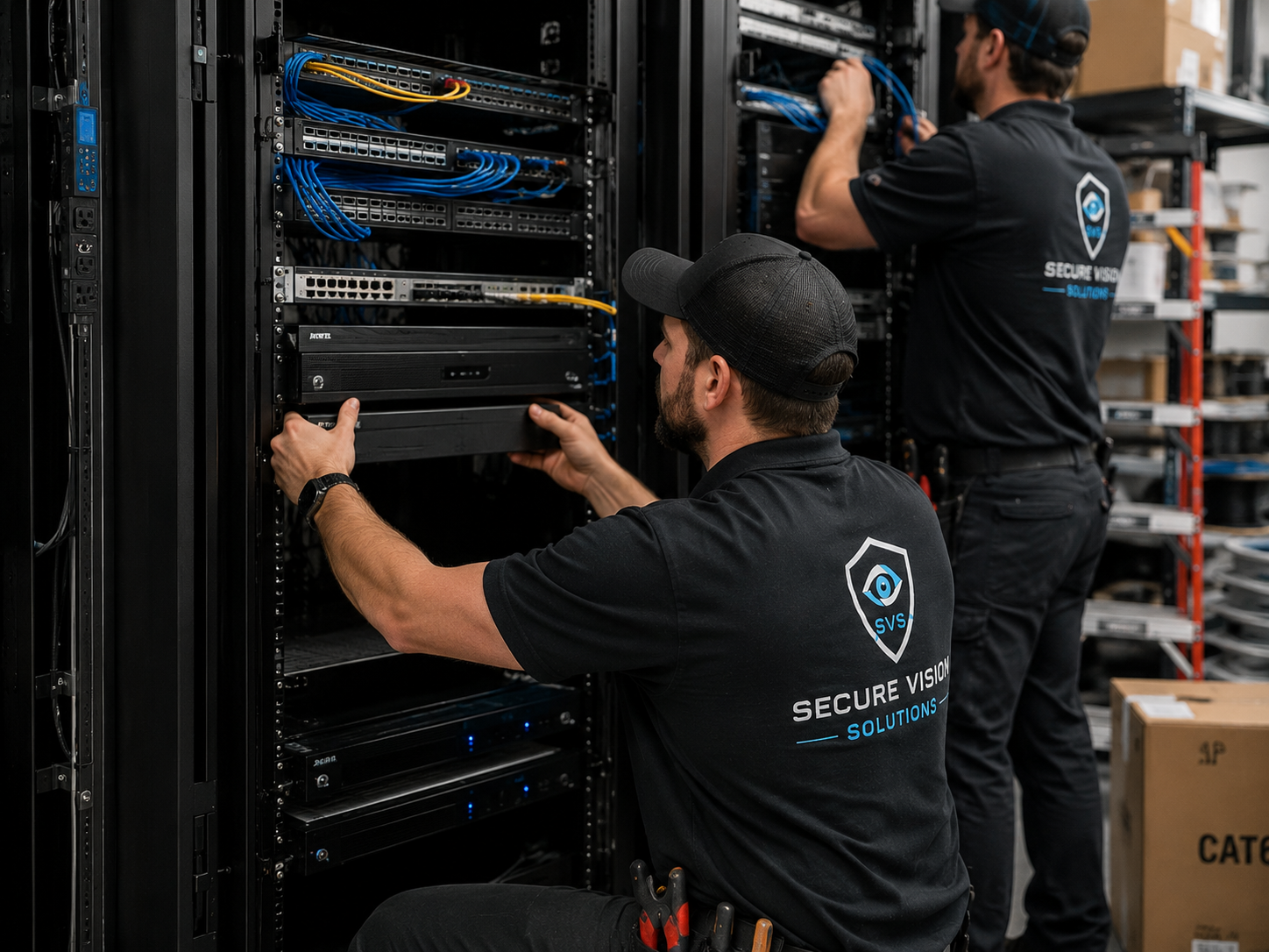 Network rack with switches and cabling for low-voltage infrastructure