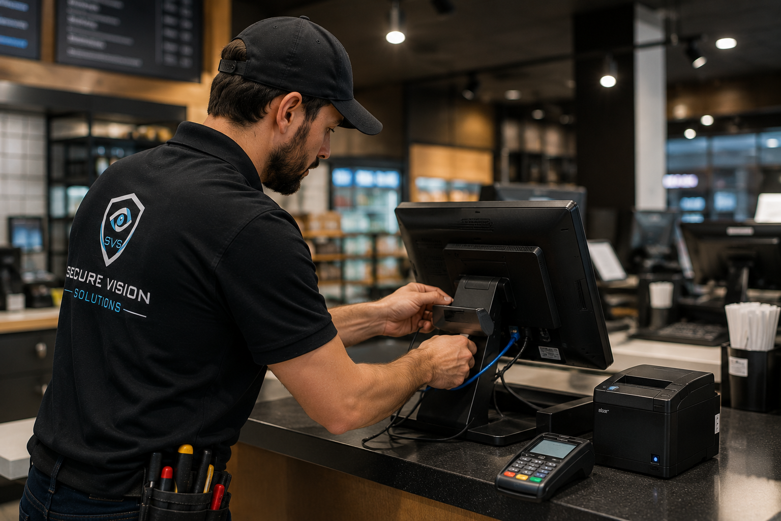 Technician installing a point of sale terminal in a retail environment