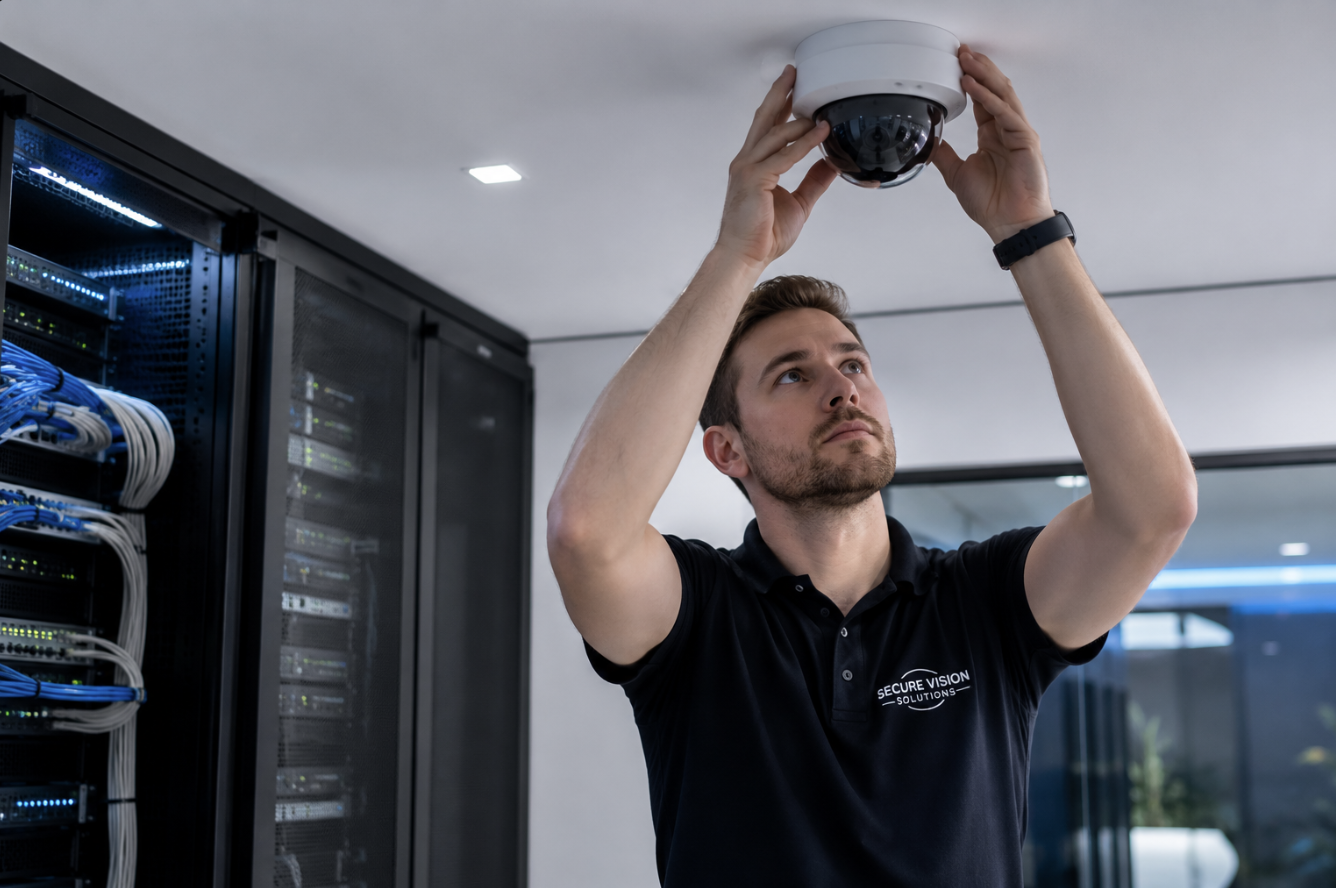 Commercial security camera installation by a low-voltage technician