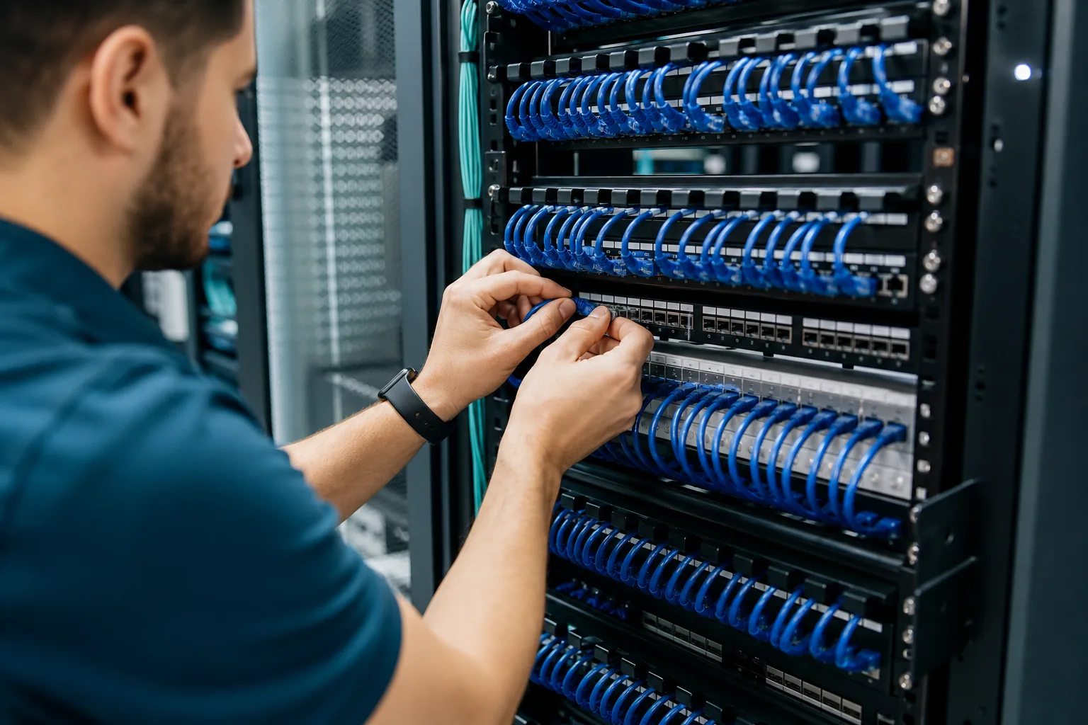 Structured network cabling installation in a commercial equipment rack