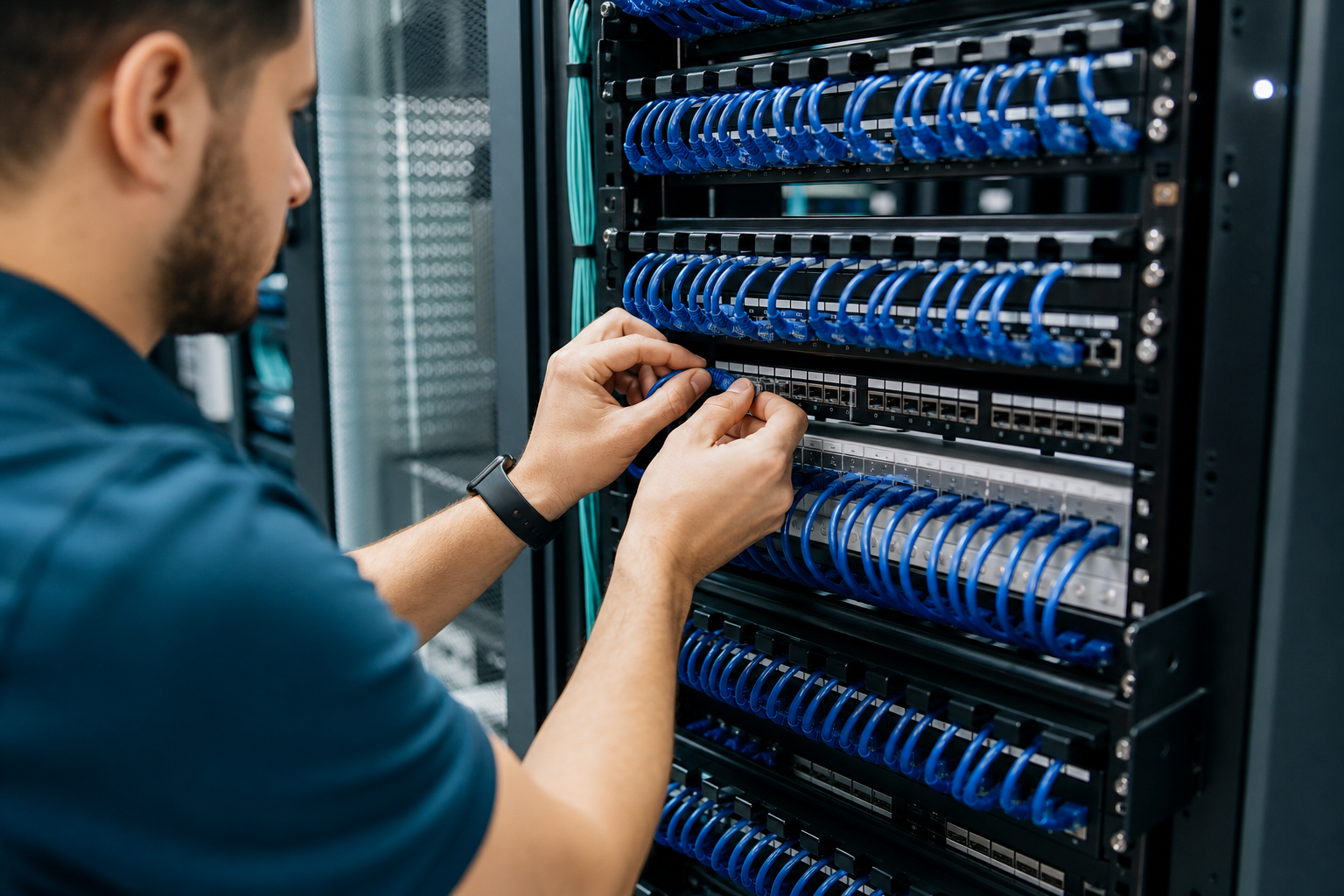 Structured network cabling installation in a commercial equipment rack