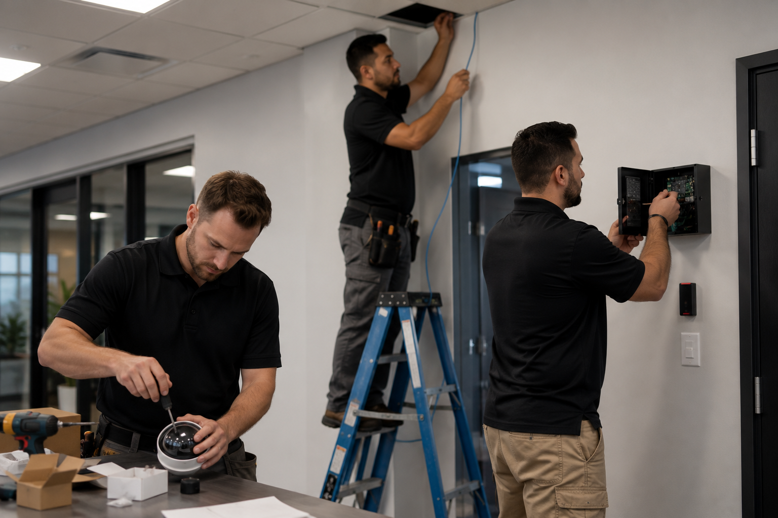 Unbranded field technicians installing low-voltage cabling and access control hardware